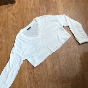 white ribbed long sleeve cropped lightweight sweater